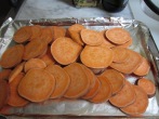 Sweet potato chips about to go in the oven to bake. YUM